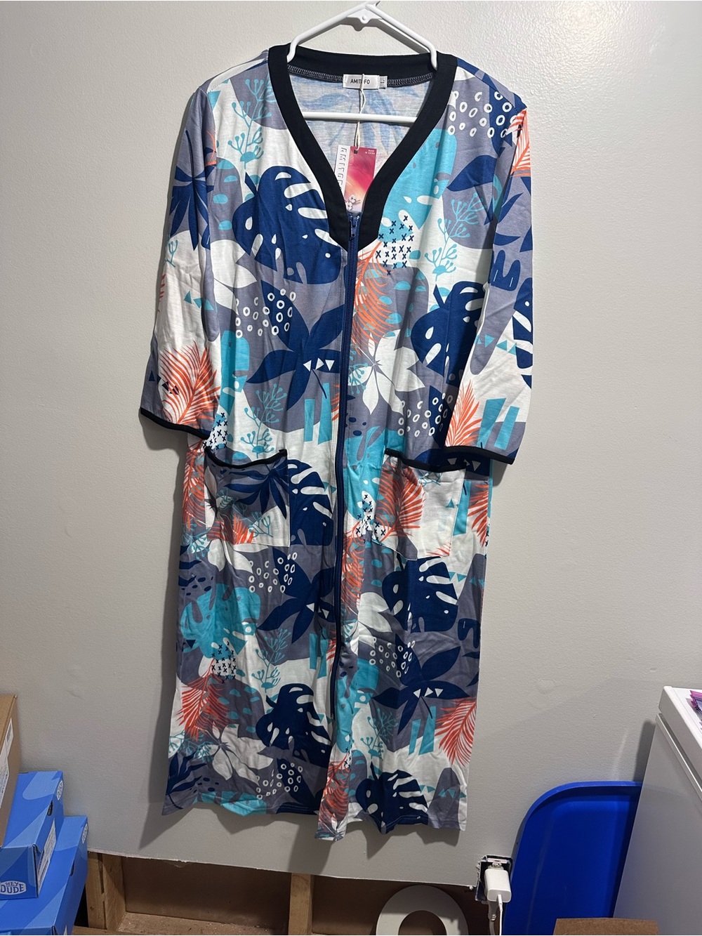Tropical Leaf Cotton Robe Navy Trim Blue Teal Coral Size L (1499)